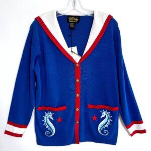 Vintage Bob Mackie Wearable Art Nautical Cardigan Sailor Collar & Seahorses Sz M